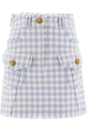 Balmain Nederdel, Dame, Blå, S, Tweed, Gingham Tweed A-Line Nederdel