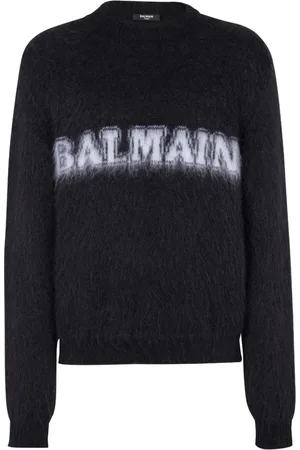 Balmain Strik, Herre, Sort, S, Logo-Print Jumper Rund Hals Mænd
