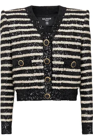 Balmain Jakke, Dame, Sort, XS, Uld, Kort stribet paljetjakke med 2 lommer