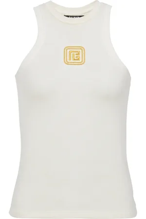 Balmain Top, Dame, Hvid, XS, Bomuld, Tanktop med Retro PB broderi