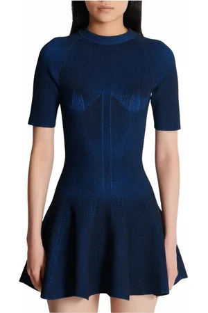 Balmain Kjole, Dame, Blå, M, Polyester, Kort strikket A-linje kjole