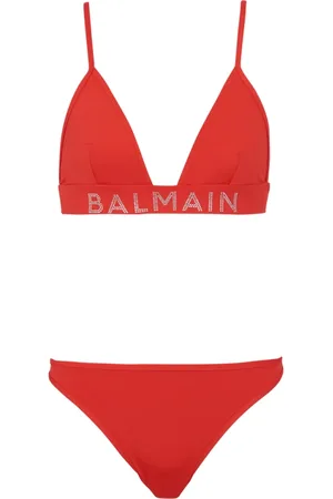 Balmain Badetøj, Dame, Rød, XS, Polyester, Rhinestoned trekantet bikini