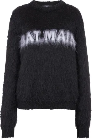 Balmain Strik, Dame, Sort, S, Uld, Jacquard børstet mohair sweater