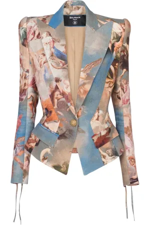 Balmain Jakke, Dame, Flerfarvet, S, Slim-fit Sky trykt lærredsjakke
