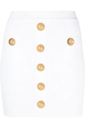 Balmain Nederdel, Dame, Hvid, S, Uld, Hvid Ribstrikket Nederdel med Guldtonede Knapper