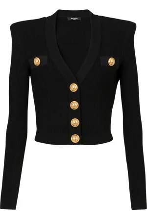 Balmain Strik, Dame, Sort, M, Uld, Beskåret strikket cardigan med guldtonede knapper