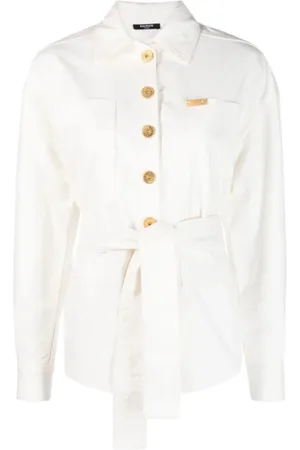 Balmain Jakke, Dame, Hvid, L, Denim, 2 stk. denim overshirt med bælte