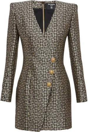 Balmain Kjole, Dame, Gul, XS, Uld, Monogrammønstret jacquardkjole