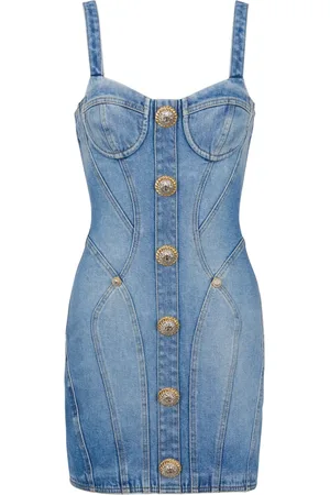 Balmain Kjole, Dame, Blå, L, Denim, Knappe kort denimkjole