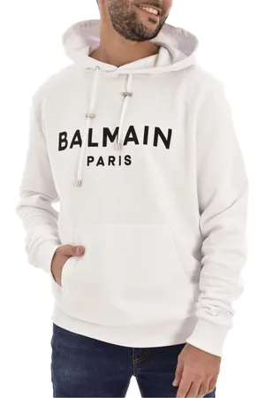 Balmain Sweathshirts & Hoodies, Herre, Hvid, XS, Uld, Logo-Print Hættetrøje - Stilfuld og Komfortabel
