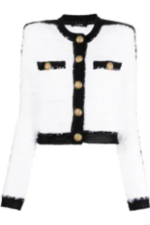 Balmain Strik, Dame, Hvid, XS, Tweed, Tweed Knit Cropped Jacket Sort Hvid