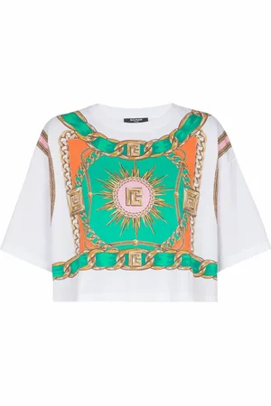 Balmain Top, Dame, Flerfarvet, XL, Bomuld, Beskåret T-shirt med Fouard-print