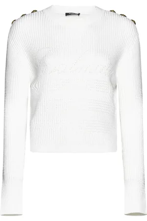 Balmain Strik, Dame, Hvid, M, Uld, Hvid Striktrøje med Logo Pynt