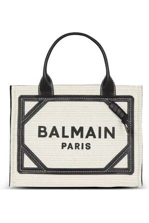 Balmain Taske, Dame, Grå, ONE SIZE, Bomuld, Lille raffia B-Hær tote taske