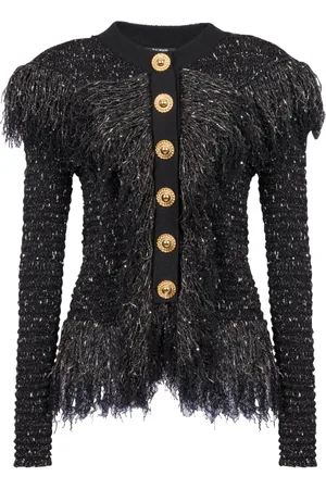 Balmain Jakke, Dame, Sort, S, Tweed, Tweedjakke med seks knapper, frynser og palietter