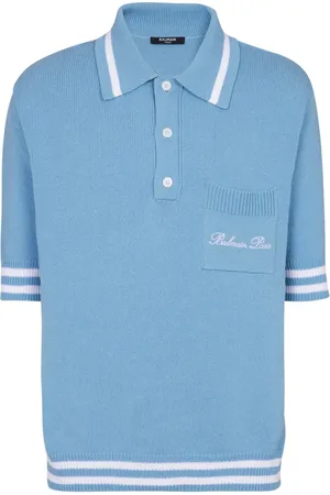 Balmain Top, Herre, Blå, M, Uld, Uld poloshirt med signaturbroderi