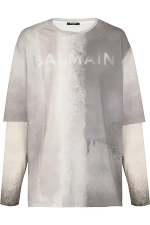 Balmain Top, Herre, Grå, M, Bomuld, Sprayed Double Layer Langærmet T-Shirt
