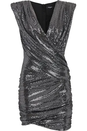 Balmain Kjole, Dame, Grå, 2XS, Uld, Kort draperet kjole i jersey med palietter