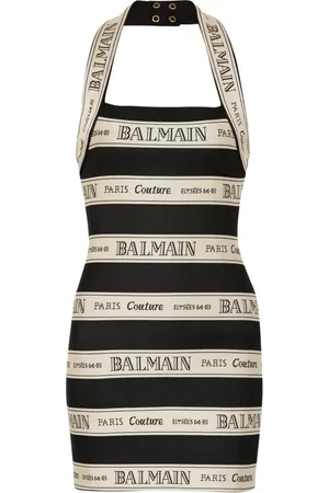 Balmain Kjole, Dame, Flerfarvet, XS, Uld, Jacquard halterneck kjole med båndmotiv