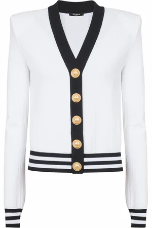 Balmain Strik, Dame, Hvid, S, Uld, To-farvet monogramstrikket cardigan