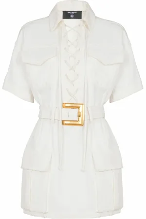 Balmain Kjole, Dame, Hvid, XS, Bomuld, Kort snøret lærredskjole
