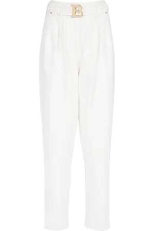 Balmain Bukser, Dame, Hvid, XS, Bomuld, Boyfriend cut jeans med spænde monogram print