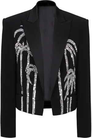 Balmain Jakke, Herre, Sort, XS, Uld, Kort crepe-jakke med palmetræbroderi