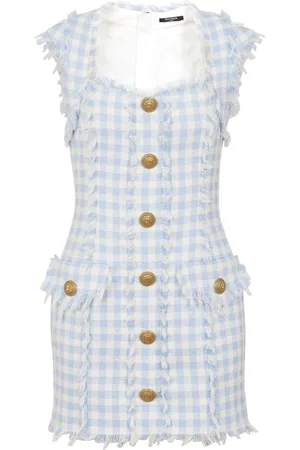 Balmain Kjole, Dame, Blå, M, Tweed, Gingham tweed kjole
