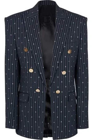 Balmain Jakke, Herre, Blå, S, Uld, Monogrammeret 6-knaps uldjakke med tynde striber