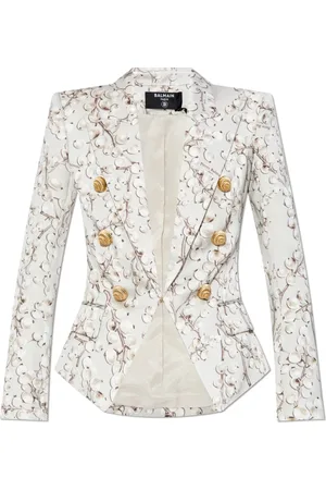 Balmain Jakke, Dame, Grå, XS, Satin, Satin blazer med print