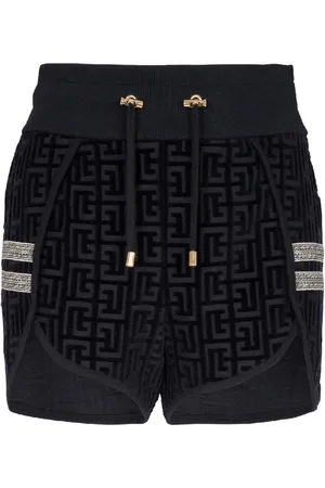 Balmain Shorts, Dame, Blå, S, Bomuld, Monogrammed fløjls shorts