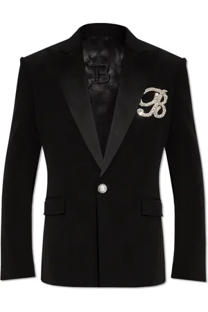 Balmain Jakke, Herre, Sort, L, Satin, Blazer med B applikation