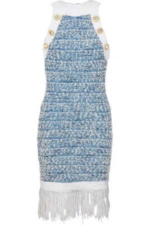 Balmain Kjole, Dame, Blå, L, Denim, Frynset denim tweed kjole
