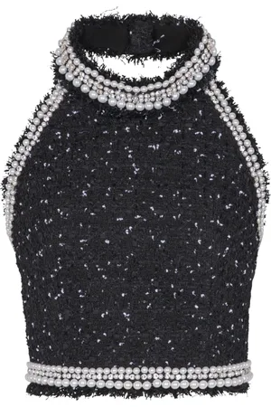 Balmain Top, Dame, Sort, S, Tweed, Broderet prikket tweed halterneck top