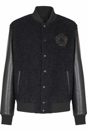 Balmain Jakke, Herre, Sort, 3XL, Læder, Varsity tweed og faux læderjakke