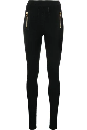 Balmain Bukser, Dame, Sort, S, Polyester, Ribstrikkede Leggings med Lynlås