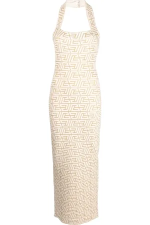 Balmain Kjole, Dame, Gul, M, Uld, Elegant Guld Maxi Kjole med Halterneck