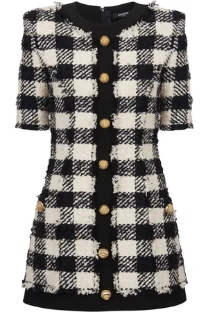 Balmain Kjole, Dame, Sort, XS, Tweed, Gingham tweed og crepe kjole