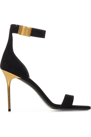 Balmain Sko, Dame, Sort, 40 EU, Uld, Sorte Ruskindssandaler med Guld Detaljer