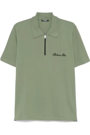 Balmain Top, Herre, Grøn, XL, Khaki Zip Polo Kortærmet Skjorte