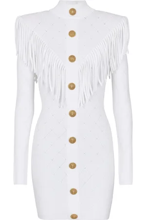 Balmain Kjole, Dame, Hvid, XS, Polyester, Kort frynset fintstrikket kjole