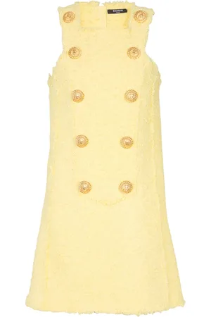Balmain Kjole, Dame, Gul, M, Tweed, Tweed svingkjole med knappet plastron
