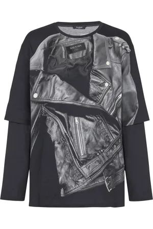 Balmain Top, Herre, Sort, L, Bomuld, Leather Trompe L`Œil LS T-Shirt