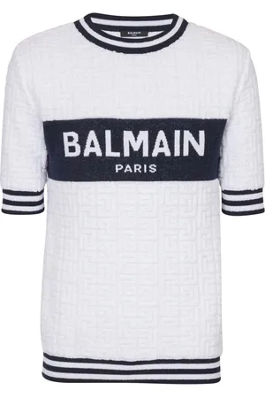 Balmain Strik, Herre, Hvid, 2XL, Bomuld, Kortærmet PB Labyrinth strik T-shirt