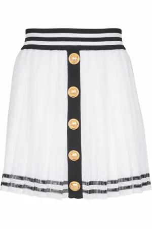 Balmain Nederdel, Dame, Hvid, M, Uld, Plisseret monogramstrikket nederdel