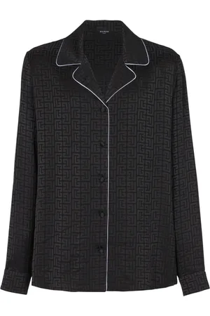 Balmain Skjorte, Herre, Sort, L, Satin, Satin monogram jacquard skjorte