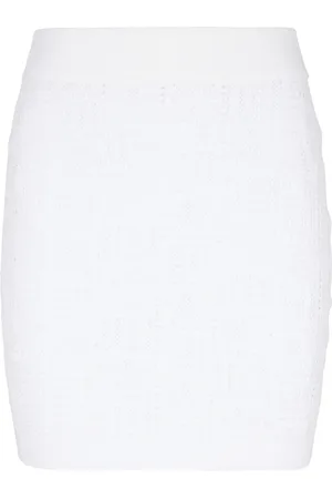 Balmain Nederdel, Dame, Hvid, L, Polyester, Åben monogramstrikket nederdel
