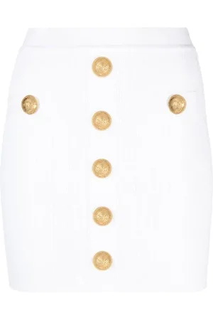 Balmain Nederdel, Dame, Hvid, S, Uld, Hvid Nederdel med Guld Knapper