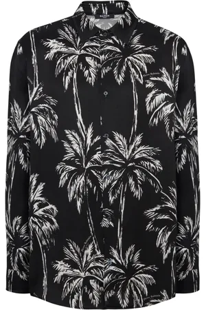 Balmain Skjorte, Herre, Sort, XL, Satin, Trykt satin palme skjorte