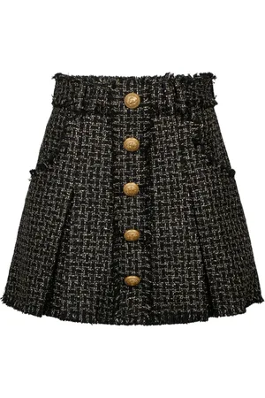 Balmain Nederdel, Dame, Sort, S, Uld, Sort Guld Tweed Plisseret Mini Nederdel